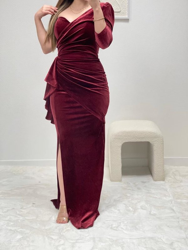 Burgundy Velvet Single Sleeve Dress