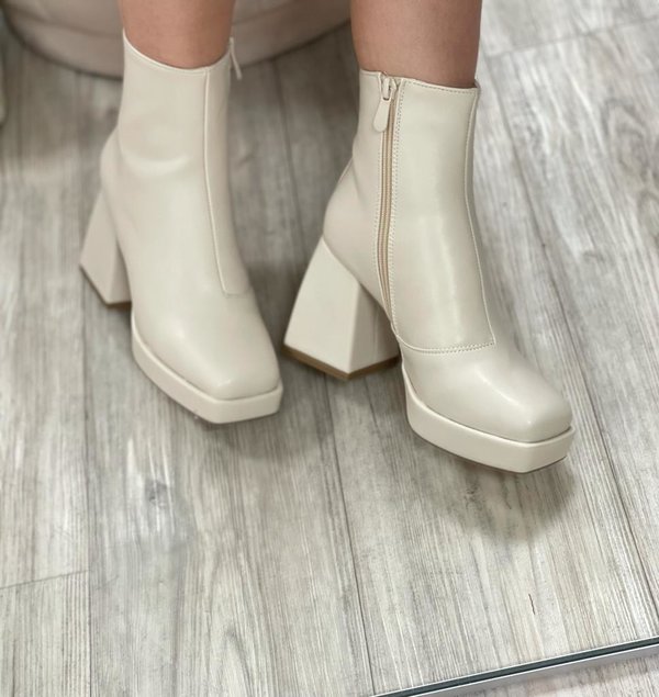 Beige Leatherette Ankle Boots with Square Heel