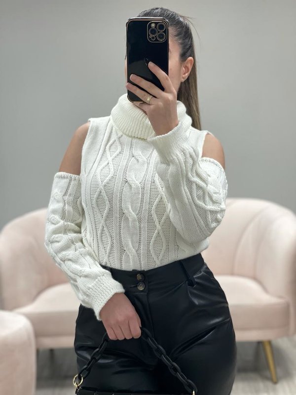 White Turtleneck Sweater with Bare Shoulders
