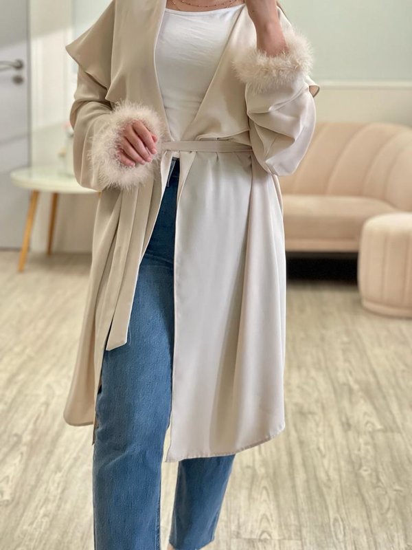 Beige Trench Cut Kimono with Feather Detail